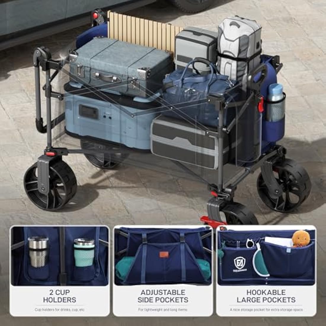 EVER ADVANCED 225L Festival Trolley on Wheels with Removable Canopy, 150KG Heavy Duty Camping Trolley, Push & Pull Beach Cart with 3 Large Pockets, Garden Folding wagon Fishing Blue