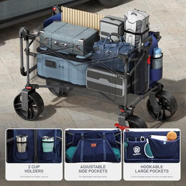 EVER ADVANCED 225L Festival Trolley on Wheels with Removable Canopy, 150KG Heavy Duty Camping Trolley, Push & Pull Beach Cart with 3 Large Pockets, Garden Folding wagon Fishing Blue