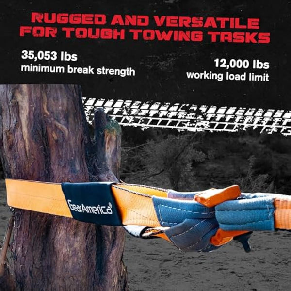 GearAmerica Tree Saver Winch Strap 3" X8' Heavy Duty 35,000 Lbs (17.5 Tons) Strength Off-Road Towing Rope for Jeep Or Truck Reinforced Loops with Orange Storage Bag