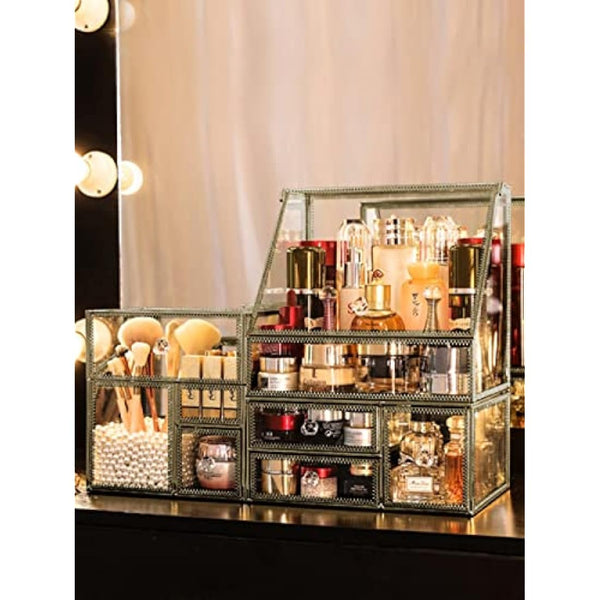 Hersoo Glass Antique Brass Stackable Drawer Set Makeup Organizer for Vanity Antique Countertop Vanity Cosmetic Storage Box Mirror Glass Beauty Display