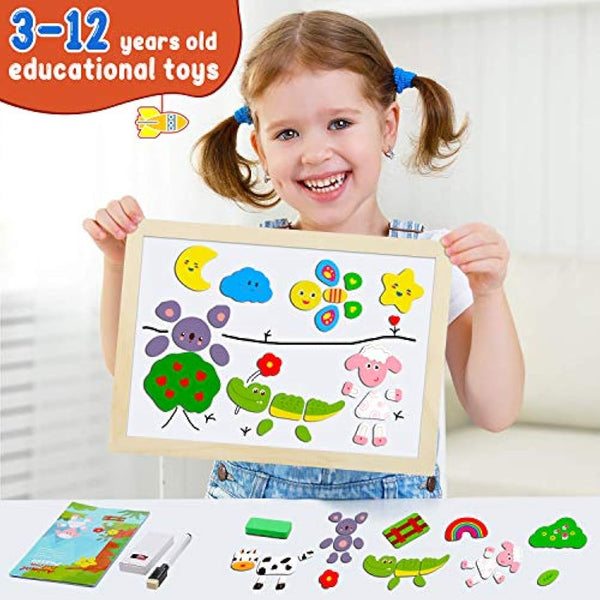 COOLJOY 100+ PCS Wooden Magnetic Puzzle, Magnetic Puzzle Board, Cute Pets Pattern Games Double Sided Jigsaw, Educational Drawing Easel Blackboard Wood Toys For Kids Up 3 Years Old Imagination