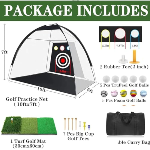 Golf Practice Net 10×7×6 ft (3×2.1×1.8 m) with Tri-Turf Mat – Indoor & Outdoor Golf Hitting Net for Backyard Driving, Chipping, Swing Training – Includes Target, Balls, Tee & Carry Bag