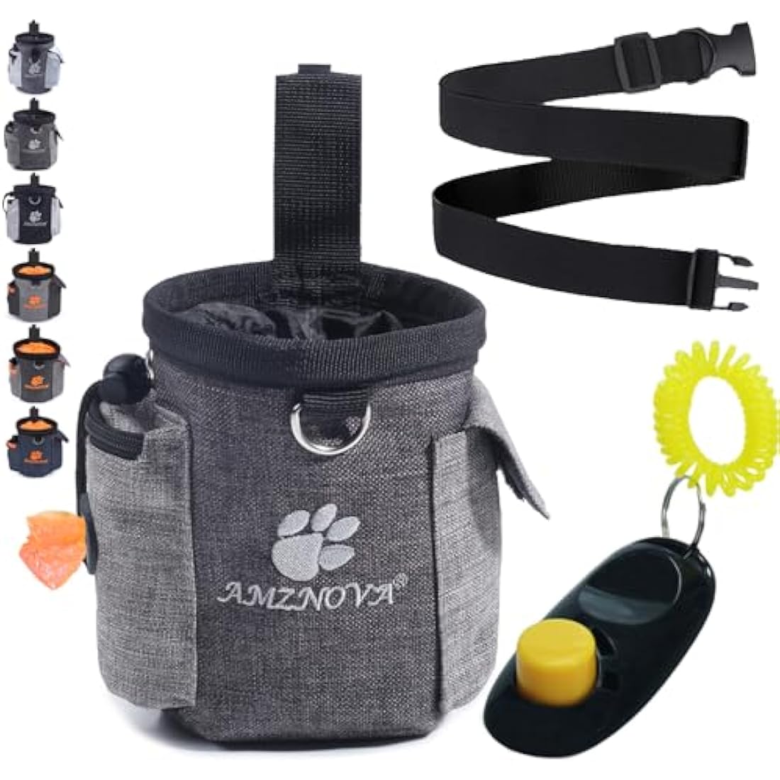 AMZNOVA Dog Treat Bag, Waistband& Belt Clip Free Your Hands to Carry Toys, Kibble and Treats, Lightweight Dog Treat Pouch Bag with Poop Bag Dispenser, Heather Coffee