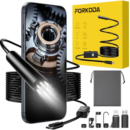 FORKODA Endoscope Inspection Camera - 1920 HD Flexible Rigid Snake Inspection Camera, 8 LED Lights Adjustable IP67 Waterproof Probe Drain Endoscope Camera for Android and iOS(16.4 ft/ 5m)