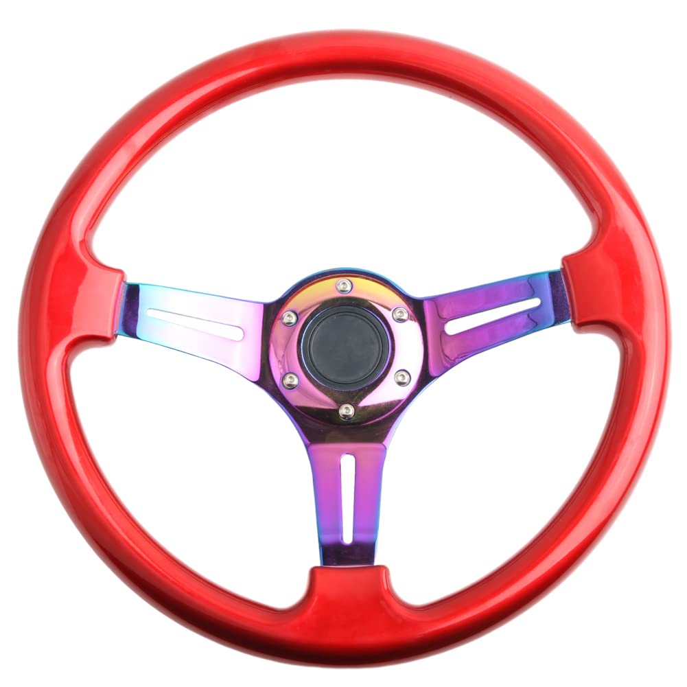 350mm Green Racing Steering Wheel Neo Chrome Spoke Universal 6 Bolts 45mm Deep Dish Classic ABS Wood Steering Wheel with Horn Button