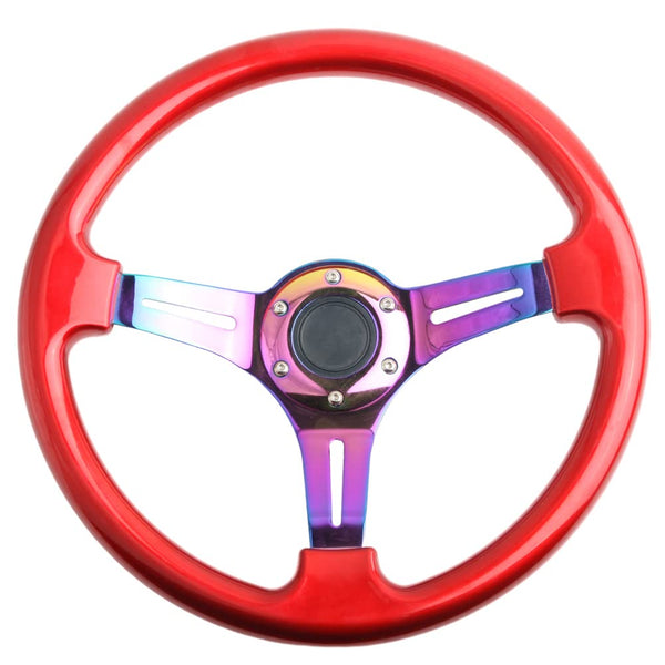 350mm Green Racing Steering Wheel Neo Chrome Spoke Universal 6 Bolts 45mm Deep Dish Classic ABS Wood Steering Wheel with Horn Button
