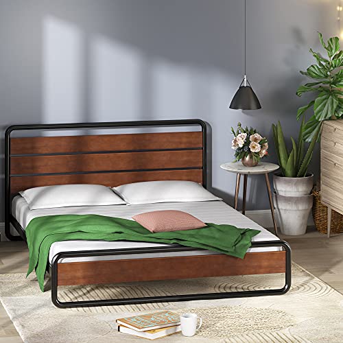 Zinus Therese Single Bed frame - Bed 90x190 cm - 20 cm Height - Metal and Wood Platform bed frame with wood slat support - Brown