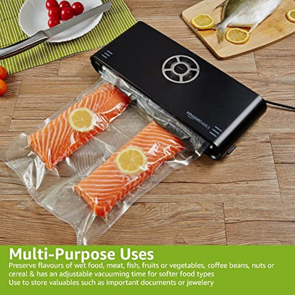 Amazon Basics Vacuum Sealer Machine for Sous Vide Cooking, 30cm Seam with 10 Bags for Preserving Meat, Fish, Fruits, and Vegetables, Black