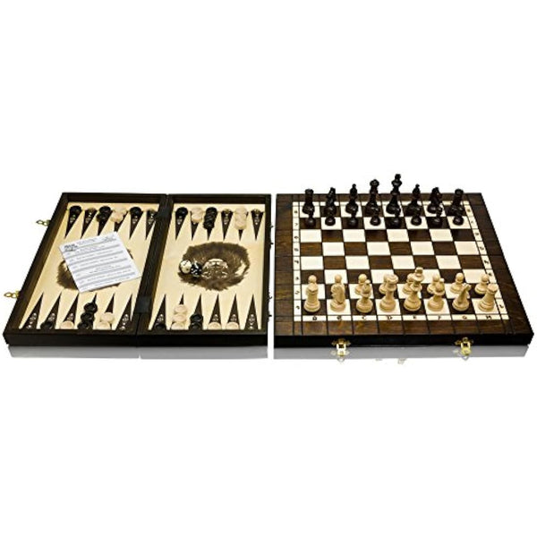 3in1 Backgammon Chess and Checkers Set | Master of Chess | XL Wooden Chess Board 40 cm | Handmade Portable Chess Draughts/Drafts Set for Adults and For Kids - Tournament Chess Figures NO.4