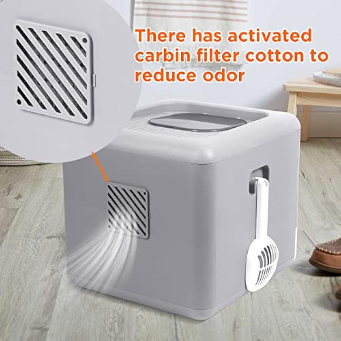 BingoPaw Cat Litter Tray Box: Foldable Top Entry Large Cats Toilet with Lid - Hooded Kitten Litter Tray Easy Cleaning Drawer Design with Scoop Grey