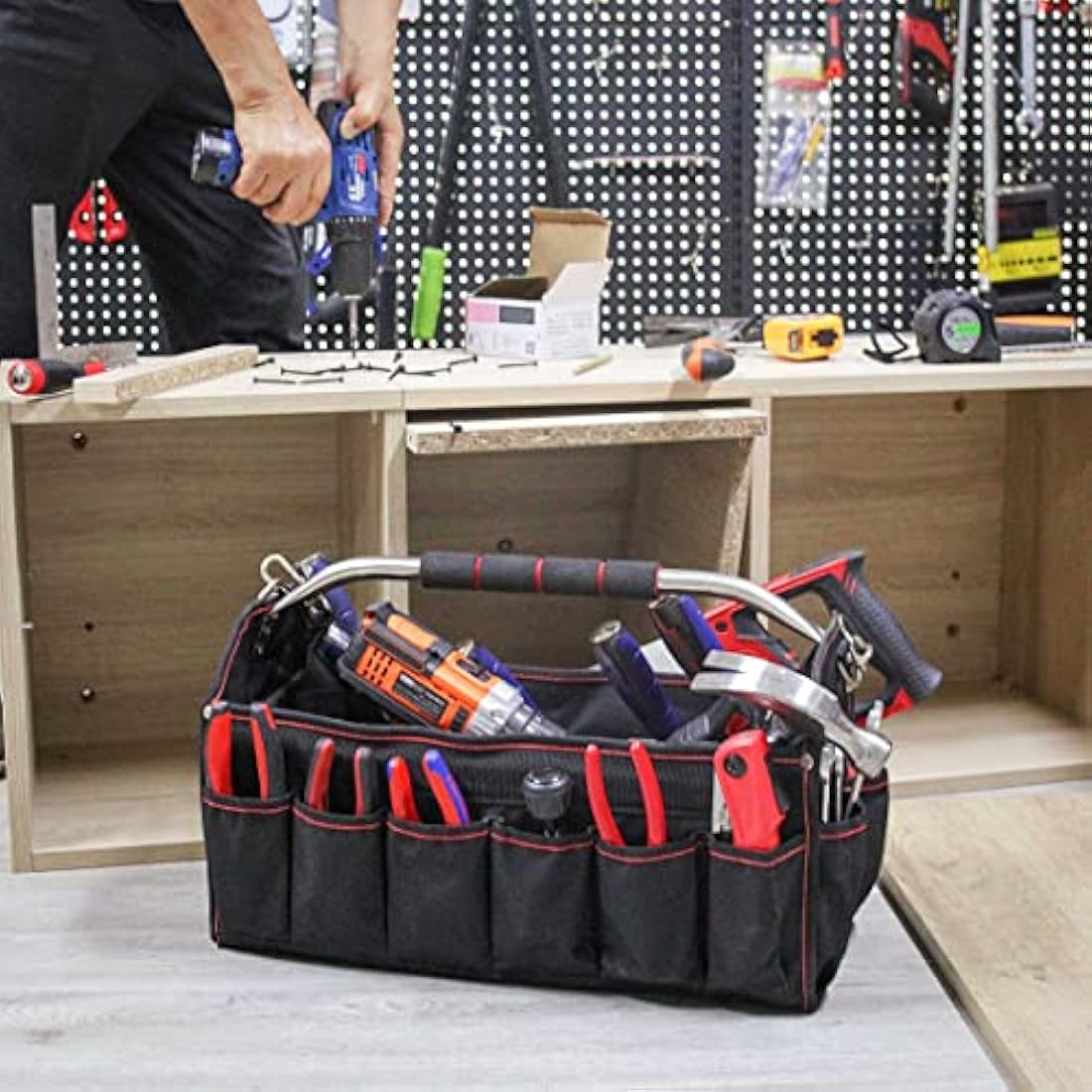 HAUTMEC 18 Inch Foldable Tool Tote Bag, Open Top Tool Bag with 27 Pockets and Removable Partition, Portable Tool Organizer with Adjustable Shoulder Strap & Water-Resistant Molded Base – HT0020