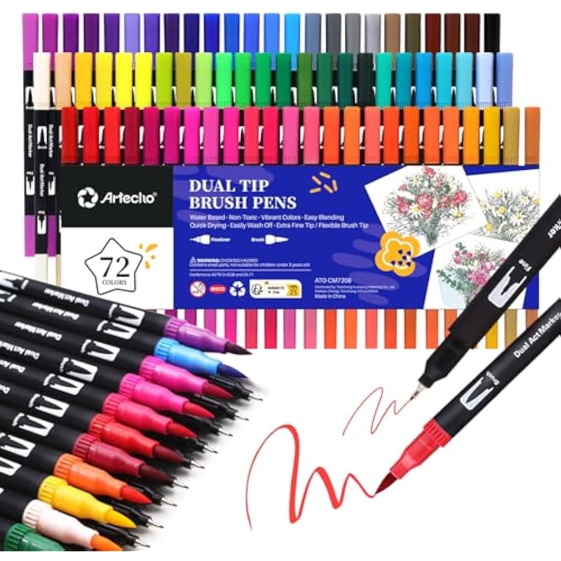 Artecho 72 Dual Tip Brush Pens, Colouring pens for Adult, felt tip pens, Colouring Books, Calligraphy, Drawing, Sketching, nylon tip for Artists, Beginners