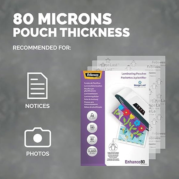 Fellowes A4 Laminating Pouches, Gloss, 160 Micron (2 x 80 Micron) with Image Last Directional Quality Mark, Pack of 100, Transparent
