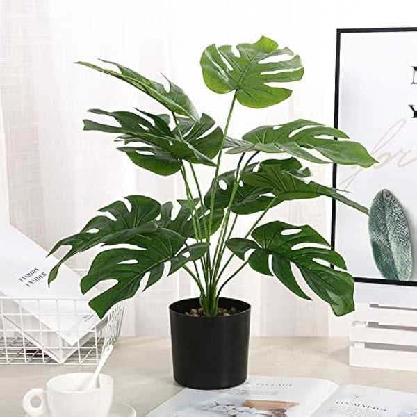 Hacaroa Large Artificial Plants Indoors Monstera Deliciosa Plant with 12 Leaves 23.5"/60cm Tall Faux Tropical Tree Leaves in Black Pot Artificial Plants Indoors in Pots for Home Office Decoration