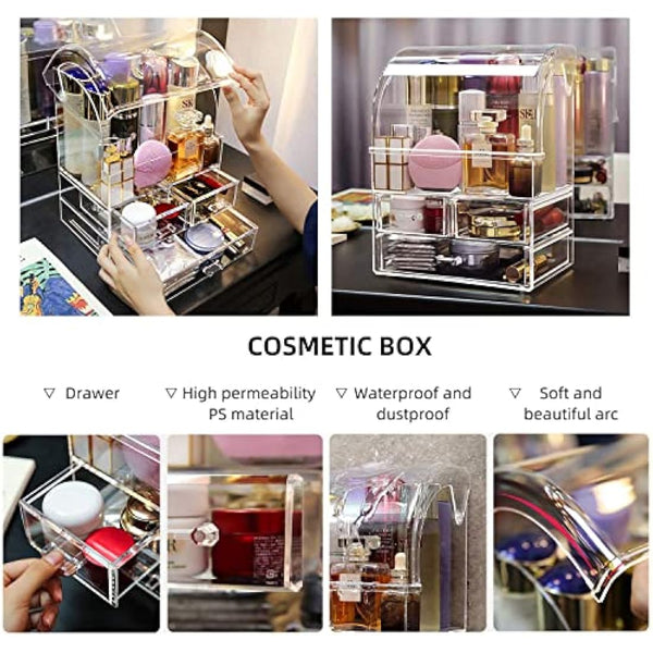 Suyoo Makeup Organiser Storage, X-Large Acrylic Clear Cosmetics Storage Display Case with Drawers, Perfume Makeup Organiser Box with Waterproof Cover for Counter, Bathroom, Dresser(Clear-XL)