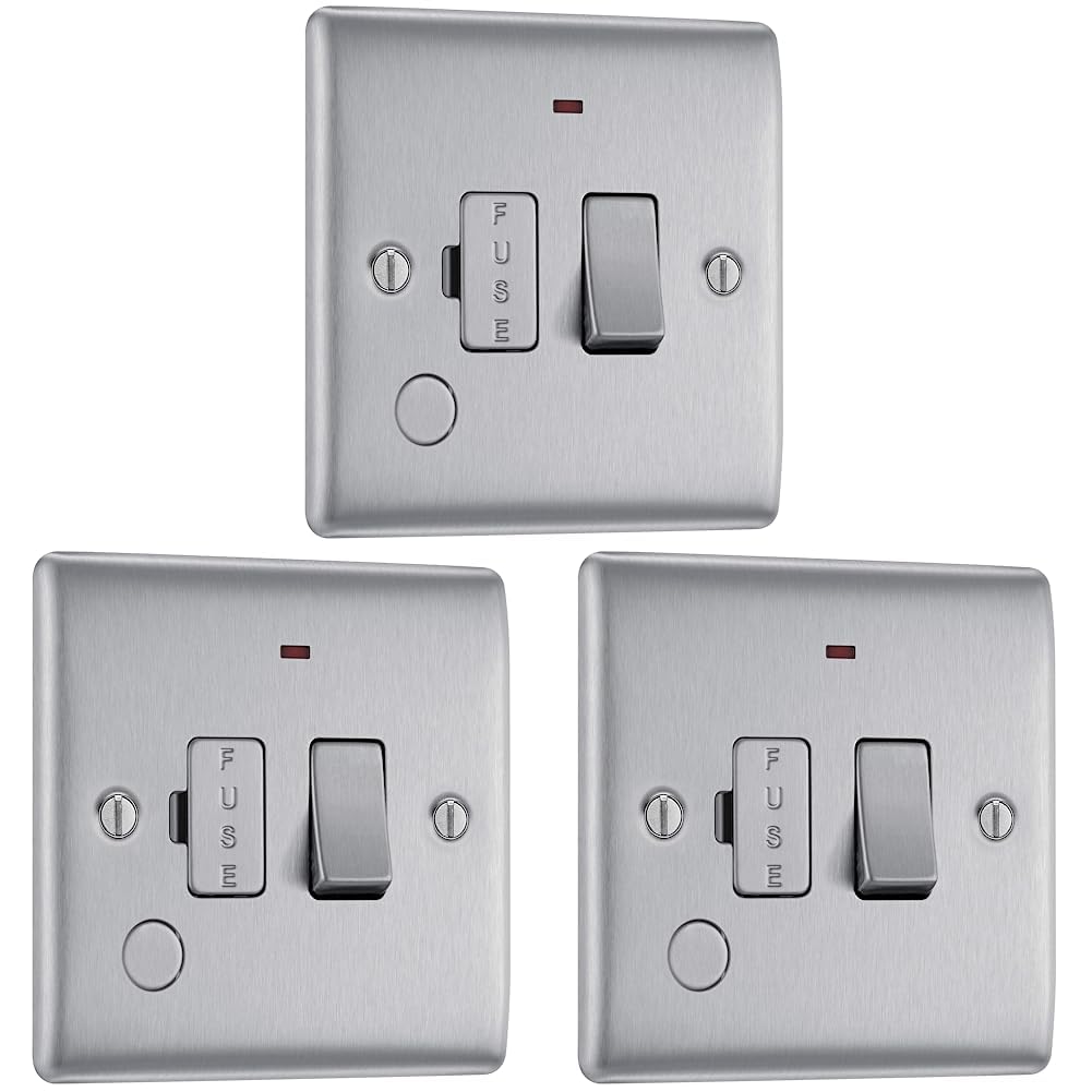 BG Electrical Cooker Switch with Socket and LED, Cooker Control Unit, Control Socket, Double Pole, Raised Profile, Round Edges, Nexus Metal, Brushed Steel, Grey Inserts, 45A, NBS70G