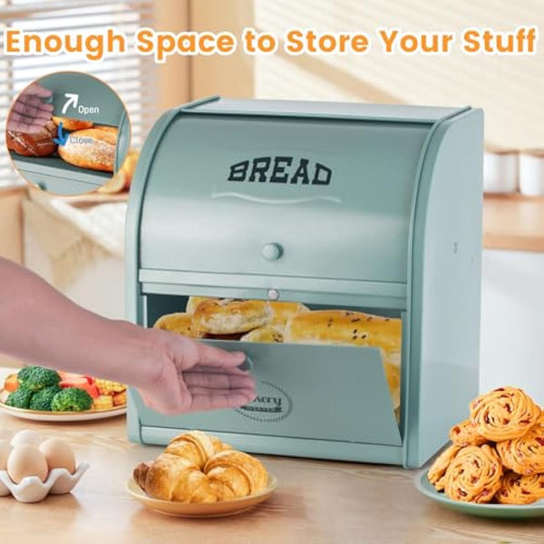 Esilihom Bread Bin, Bread Bins for Kitchen, 2-Layer | Large | Roll Top | 30 x 24.5 x 32.5cm, Green