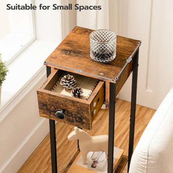 HOOBRO Slim Bedside Tables with Drawer, Small Side Table with Metal Frame, Tall Telephone Table for Small Spaces, Narrow Nightstand, Sturdy, Rustic Brown and Black EBF771BZ01