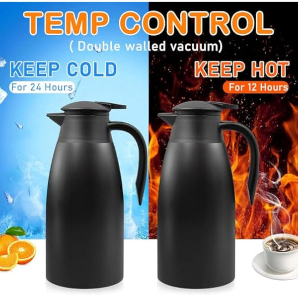 2 Pack 2L Thermal Coffee Carafe Jug, 68 OZ Black Stainless Steel Insulated Jug Tea Pot, Double Walled Vacuum Carafe Jugs for Coffee Tea Hot Water Hot Beverage (12+ Hrs Heat&24+ Hrs Cold Retention)