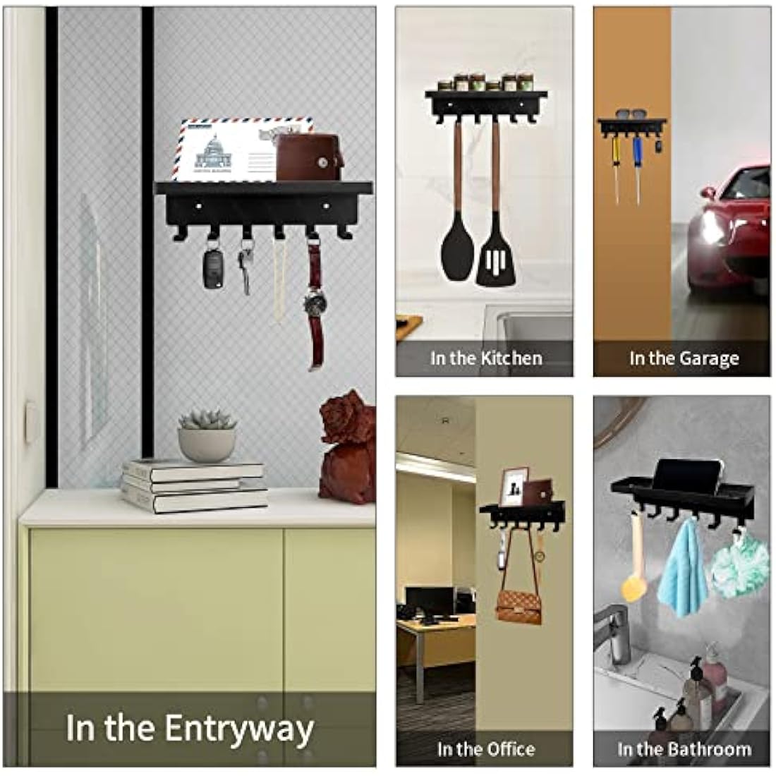 GTK Key Holder with Tray and 6 Hooks for Hallway, Key Rack with Shelf for Mail Storage (Black)