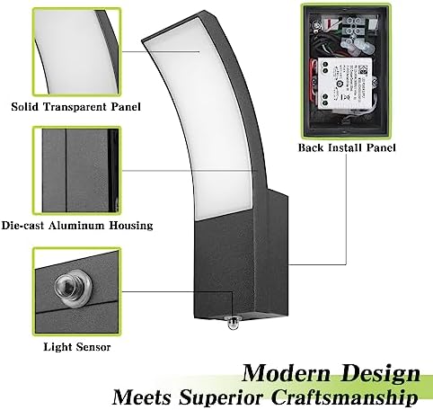 HLFVLITE Outdoor Wall Light Dusk to Dawn - Aluminum LED Exterior Lamp for Patio, Terrace, Hallway, Garage, and Porch - IP54 Waterproof, 3000K, 1000LM Brightness, Black