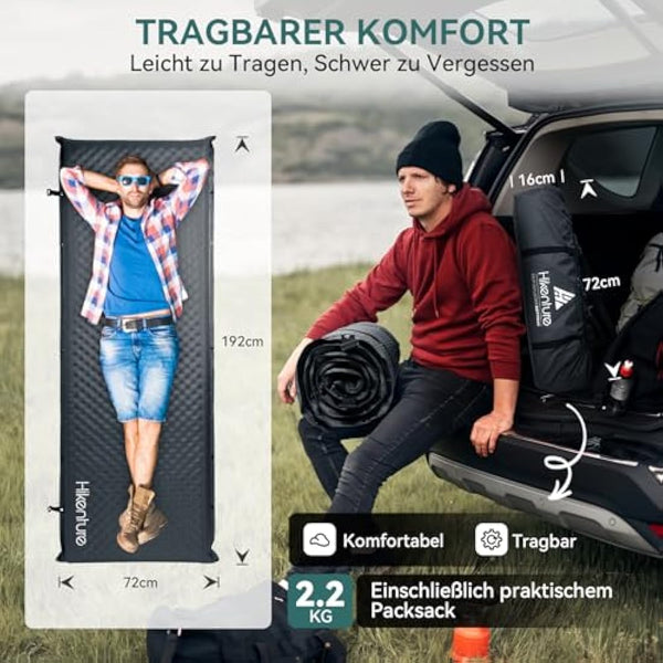 HIKENTURE Self-Inflating Sleeping Mat, 5 cm Thick Foam Camping Mattress, Self-Inflating Air Mattress, Comfortable Sleeping Mat for Camping, Outdoor, Hiking, Travel, Tent (Dark Grey A3)