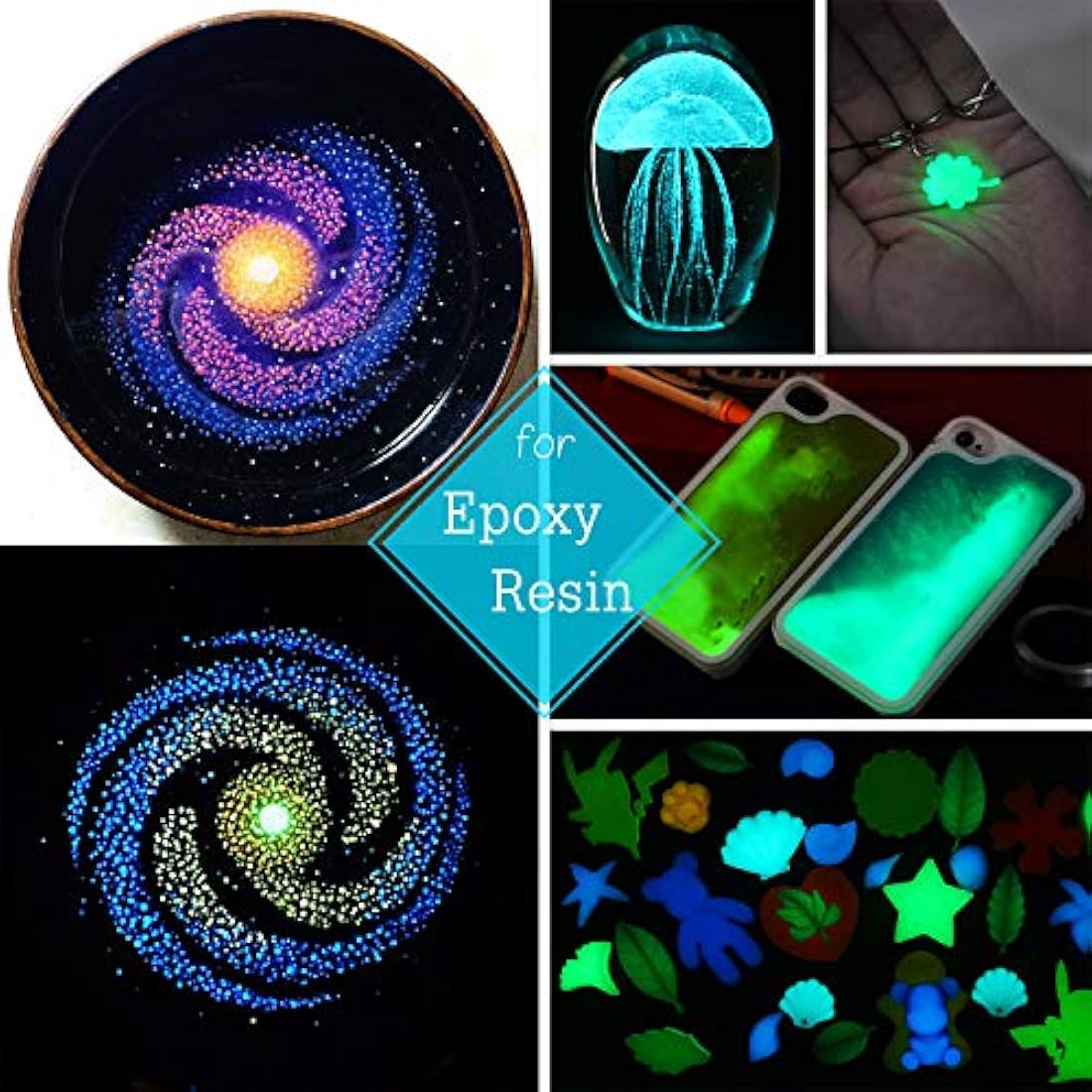 10 Colour Glow In The Dark Pigment Powder with UV Lamp - Epoxy Resin Luminous Powder Skin Safe Long Lasting Self Glowing Dye for DIY Nail Art,Acrylic Paint,Fine Art, 20g Each(Total 7oz)