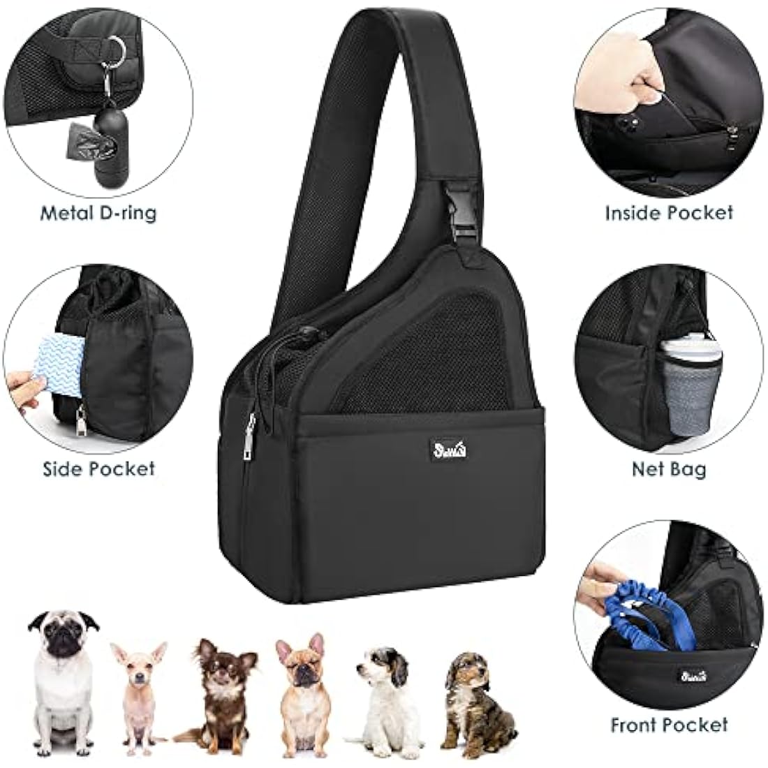 Eyein Pet Puppy Sling Carrier, Up to 12 lbs Hand Free Cat Dog Papoose, Hard Bottom Support Small Animal Travel Tote Bags with Breathable Mesh Adjustable Padded Strap Safety Belt Machine Washable