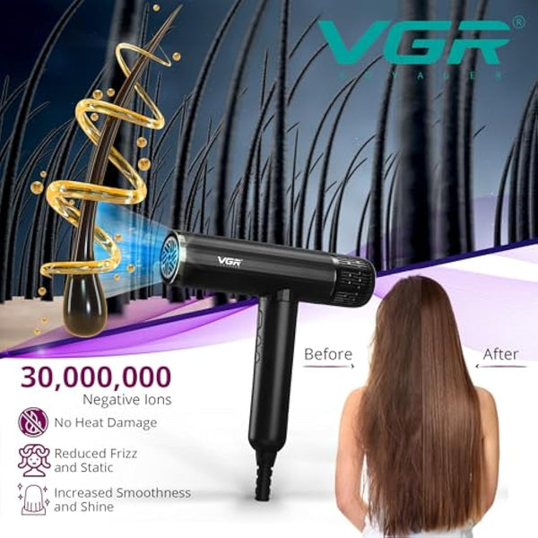 VGR Professional Hair Dryer - High Speed Powerful Brushless 11000 RPM - Fast Dry Negative Ionic - Lightweight Blow Hairdryer with Diffuser for Curly Hair and Nozzle - Quiet Low Noise