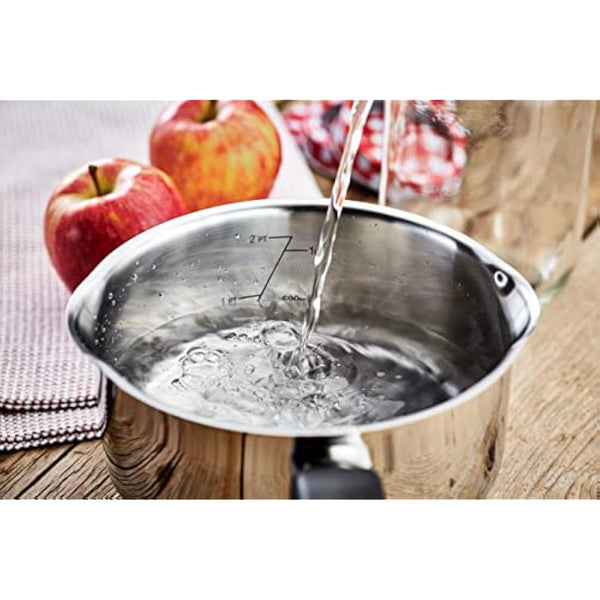 Judge Vista Draining Stainless Steel Medium Saucepan with Pouring Lip 14cm 1L, Shatterproof Glass Strain & Pour Lid, Induction Ready, Oven Safe