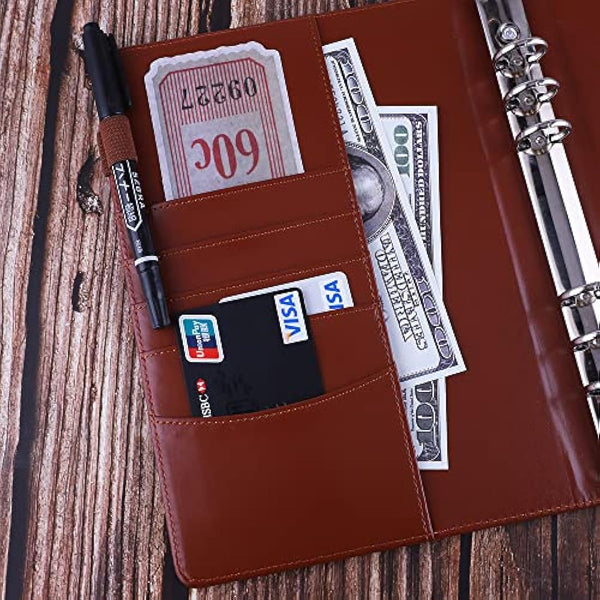 HAUTOCO PU Leather A5 Ring Binder Cover Refillable 6 Ring Budget Binder Notebook Organiser for A5 Refill Paper Insert for Office, School, and Travel, Brown