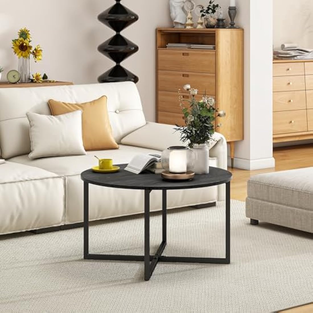 HOJINLINERO Round Coffee Table Tea Table End Table Sofa Table for Living Room with Metal Legs,Cocktail Table with Wood Look Accent Furniture,Easy To Assemble,Black