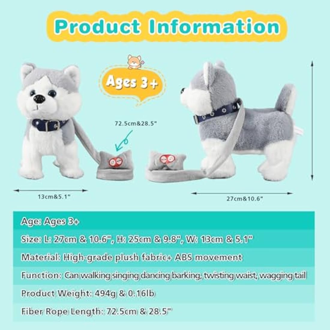 Marsjoy Husky Walking and Barking Puppy Dog Toy with Control Leash,Realistic Wagging Tail Robot Interactive Musical Dancing Animated Plush Stuffed Animal Electronic Pet for Kids Toddlers