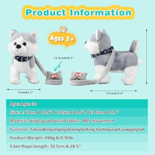 Marsjoy Husky Walking and Barking Puppy Dog Toy with Control Leash,Realistic Wagging Tail Robot Interactive Musical Dancing Animated Plush Stuffed Animal Electronic Pet for Kids Toddlers