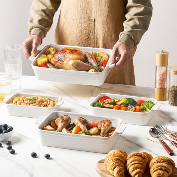 Jassceram Ceramic Casserole Dish Set of 4 Deep Rectangular Lasagna Pan Baking Dishes with Handles Large Porcelain Oven Safe Bakeware for Cooking Brownie Banquet Mac&Cheese(9.6"/11.5"/13.1"/15.2")