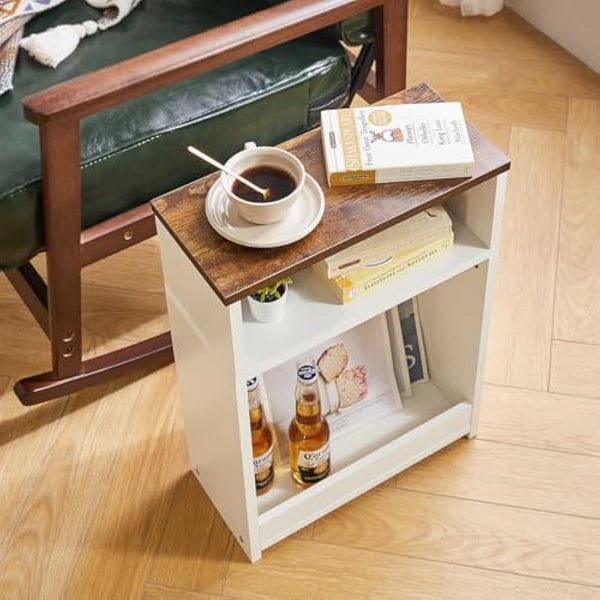 IBUYKE Narrow Side Table with Storage Shelf, 3 Tier Slim End Table for Small Spaces, Wood Small Nightstand with Magazine Rack for Living Room, Bedroom, Sofa, Space Saving, White WST006W