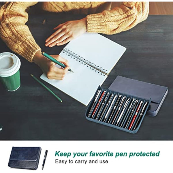 Hiram Leather Pen Case for 12 Pens Vegetable Tanned Leather Fountain Pen Storage Box with Hidden Magnetic Snap Closure and Pens Tray Design (Blue)