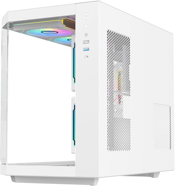 IONZ APEX Vision - PC Gaming Case, M/ATX Mini Tower, Dual Chamber with 6 ARGB PWM Fans - LCD Screen | Supports 240 mm AIO, White