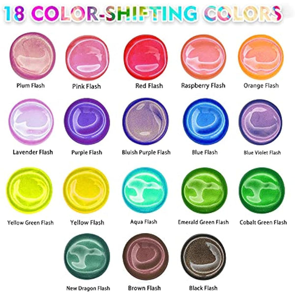 ABEIER Iridescent Acrylic Paint, Set of 18 Chameleon Colours, 2 oz/60ml Bottles, Colour Shifting, Non-Toxic, High Viscosity, Blendable, Paints on Rocks Crafts Canvas Wood, Fabric, Ceramic & Stone