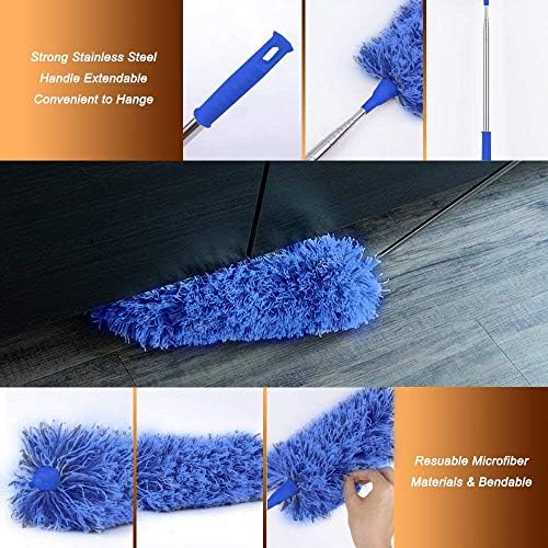 Feather Duster Extendable with Stainless Steel Extension Pole, 100 Inches Extra Long Telescopic Dusters, Cobweb Duster with Bendable Head for Cleaning Blinds, Interior Roof, Ceiling Fan, Cars