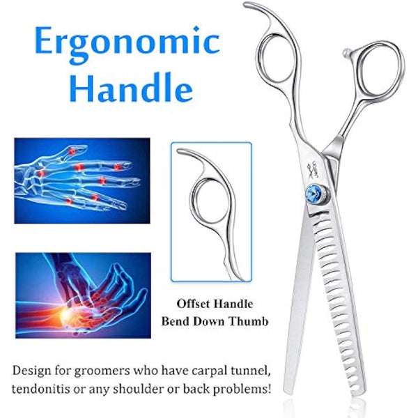 JASON 7" 21-Teeth Chunker Shears for Dogs Ergonomic Dog Grooming Texturizing Blending Thinning Shears Pets Trimming Kit with Offset Handle
