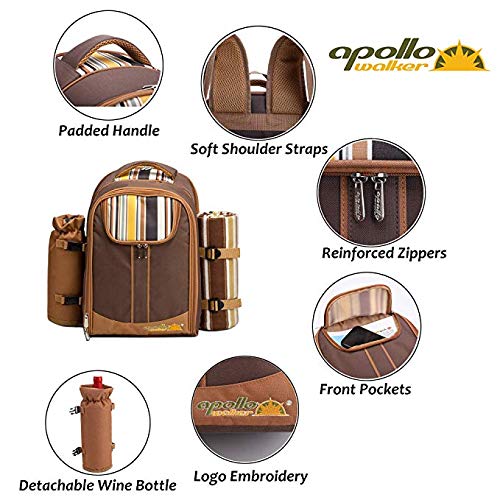 apollo walker 2 Person Picnic Backpack Picnic Bag Hamper Cooler Bag with Tableware Set & Blanket (BROWN)