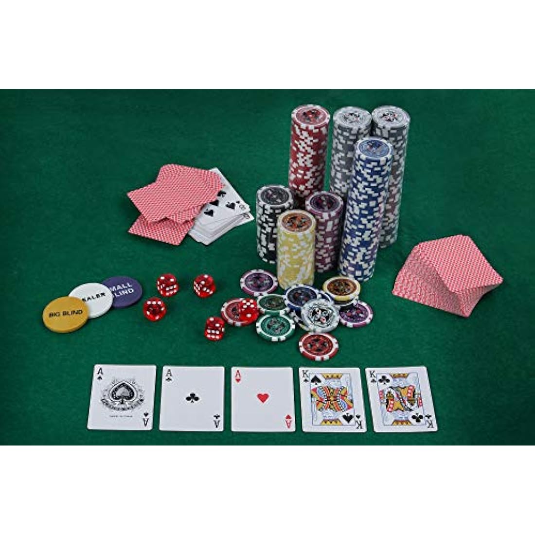 display4top 300 Piece Texas Holdem Poker Chips Set with Aluminum Case,2 Decks of Cards, Dealer, Small Blind, Big Blind Buttons and 5 Dice (300 Piece Chips)