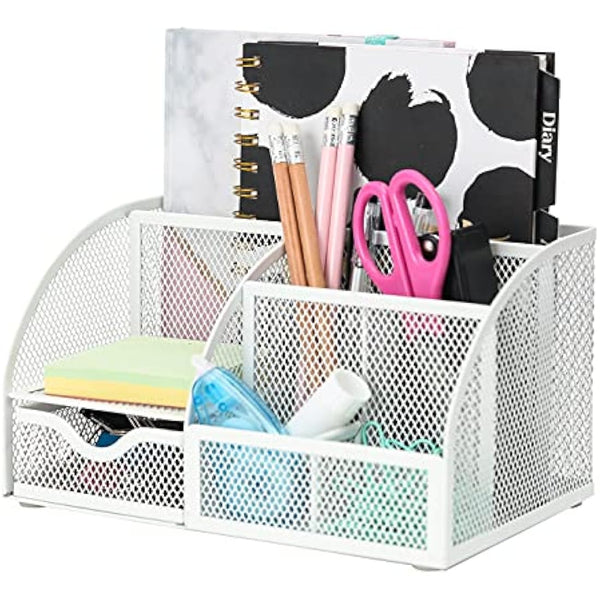 EXERZ Desk Organiser/Mesh Desk Tidy Caddy/Pencil Holder Multifunctional with 7 Compartments– White