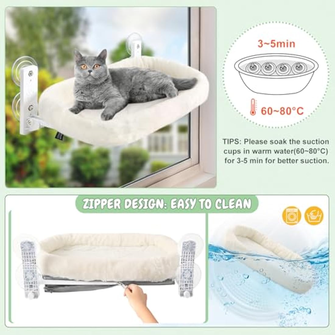 GUUSII HOME Cat Window Bed Hammock Cordless Perch Window Sill Seat for Indoor Cats Kitty Shelves with Sturdy Suction Cups Washable Plush Cushion 53 * 30cm Holds Up to 18kg Easy to Install(Beige)