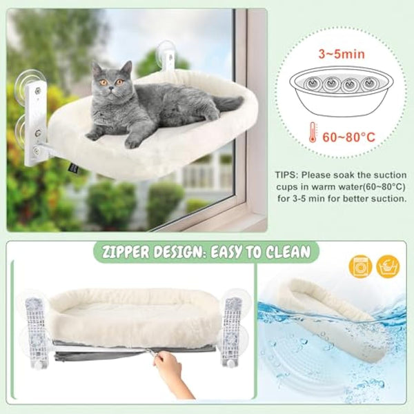 GUUSII HOME Cat Window Bed Hammock Cordless Perch Window Sill Seat for Indoor Cats Kitty Shelves with Sturdy Suction Cups Washable Plush Cushion 53 * 30cm Holds Up to 18kg Easy to Install(Beige)