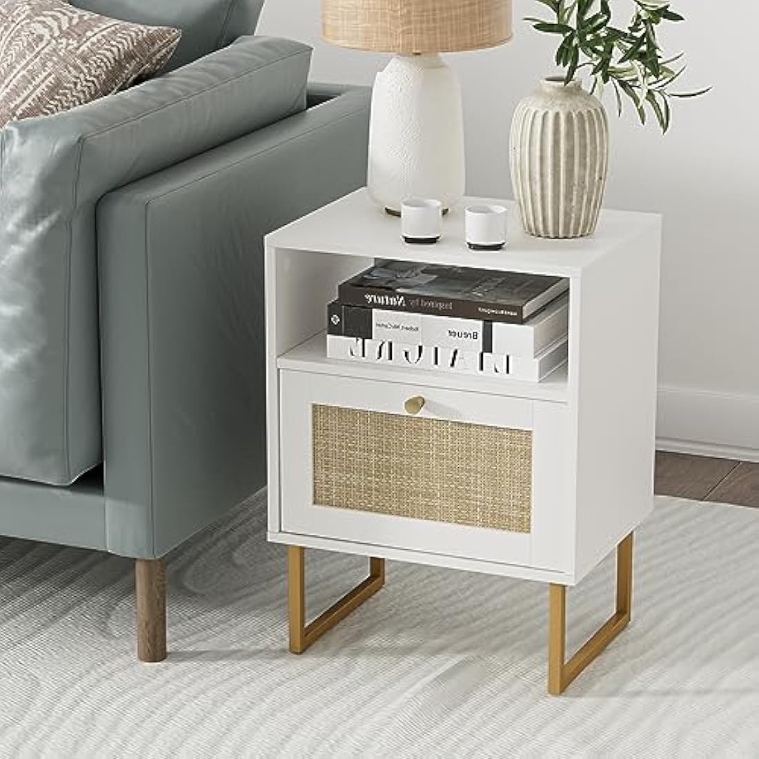 HEYZOEY Rattan Bedside Table,Modern Boho Farmhouse Wood Nightstand with Storage Drawer and Open Shelf,Small Gold Frame Side Table for Bedroom,Living Room,Office(White)