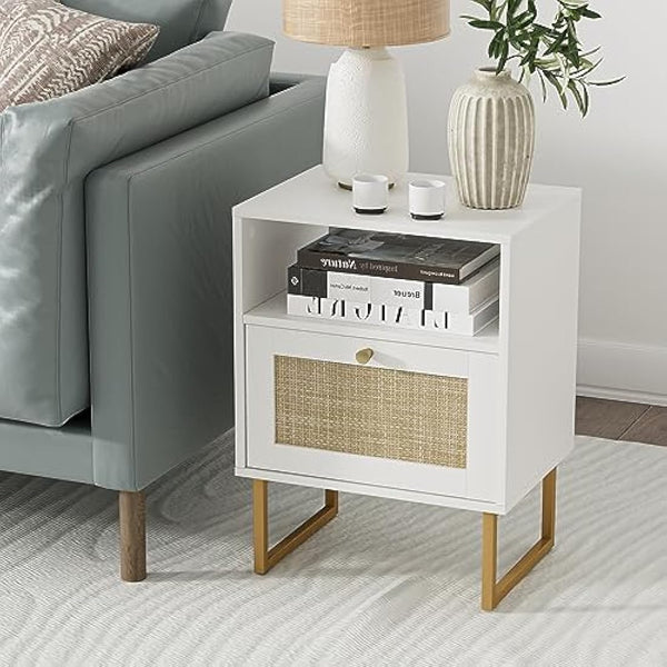 HEYZOEY Rattan Bedside Table,Modern Boho Farmhouse Wood Nightstand with Storage Drawer and Open Shelf,Small Gold Frame Side Table for Bedroom,Living Room,Office(White)