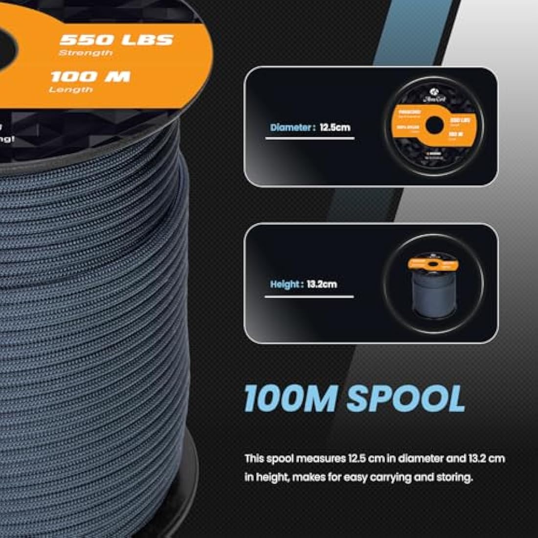 Abma Cord Paracord 550 4mm 100m 100% Nylon Rope Type III 7 Strands Parachute Cord for DIY, Camping, Survival, Outdoor - Max. 250kg - Navy Blue