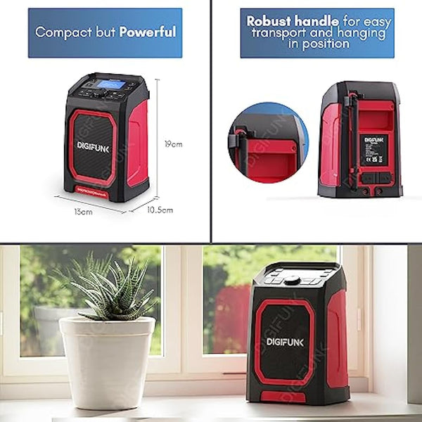 DigiFunk Work Site Radio | USB Rechargeable | DAB+, DAB, FM, Bluetooth, AUX Input | IP65 Waterproof Rugged Durable Design | Perfect for Builders, Outdoors, Warehouse, Garage, DIYer, Shed | Red